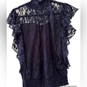 Brand NWOT  classy ADIVA  medium high neck NAVY   lace shirt   SIZE SM